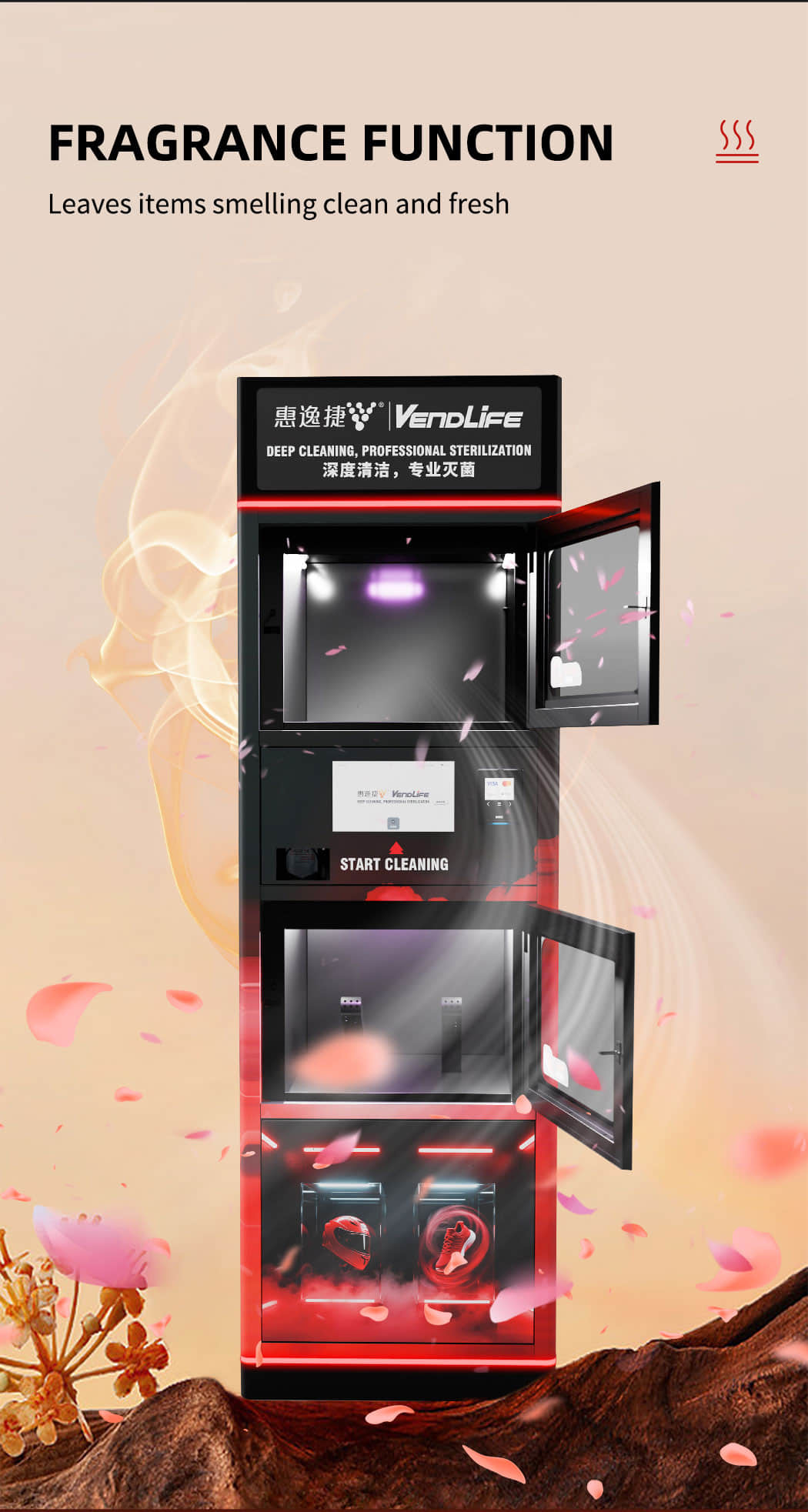 Smart Helmet Cleaning Vending Machine with UV Sterilization, Automatic Drying, Deodorizing System and QR Card Payment for Motorcycle Shops, Gyms and Public Locations