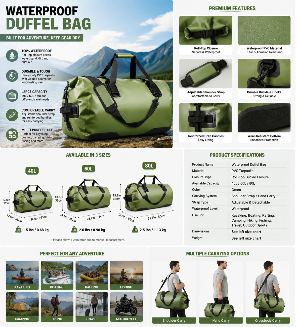 Waterproof Dry Duffel Bag 40L/60L/80L, Roll Top Travel Gear Bag with Shoulder Strap, Large Capacity Waterproof Storage Bag for Kayaking, Boating, Camping, Hiking & Outdoor Adventures