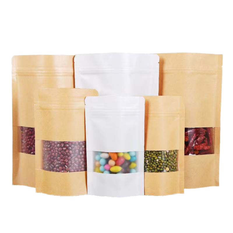 Wholesale Custom Clear Window Resealable Food Grade Packaging Kraft Paper Stand up Pouch for Food Storage