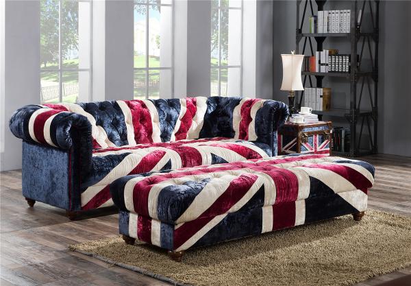 Velvet Union Jack Three Seater Leather Sofa Hand Work Craft Fabric Buttons