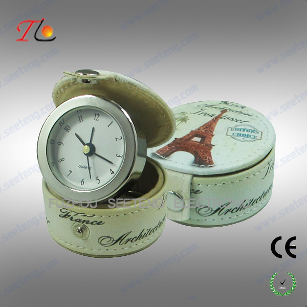 New portable and folding 3D flower printing PU Paris travel alarm clock for promotion