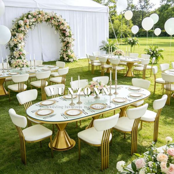 Luxurious New Arrival Modern Gold Stainless Steel Legs Oval Outdoor Dining Wedding Table with Tempered Glass Top Hotel Furniture