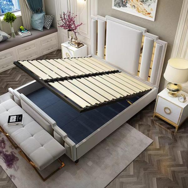 Upholstered Hotel Bedroom Furniture Hydraulic Lift Up Storage Leather Bed