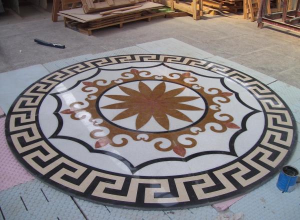 Parquet, natural stone parquet, engineered stone water jet medallion