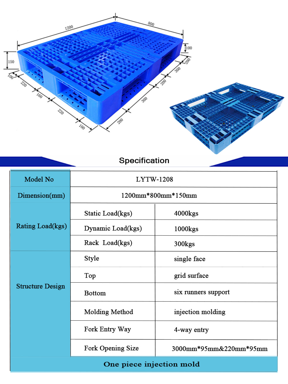 Паллет HDPE 4000KG сверхмощный пластиковый повторно использует пластиковые штабелируя паллеты