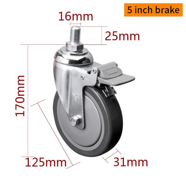 Zinc Coating 5 Inch Industrial Caster Wheels 130kg Load Threaded TPU Caster