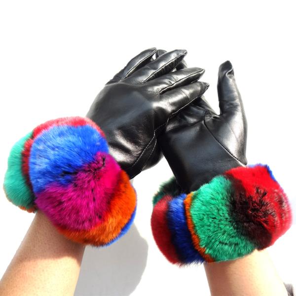Beautiful Design Colored Leather Gloves , Rabbit Fur Gloves Black Color