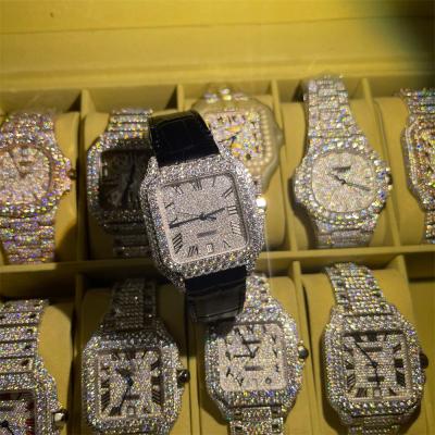 Diamond Leather Band Moissanite Watch de encargo Cartier Hand Setting Iced Out 3EX