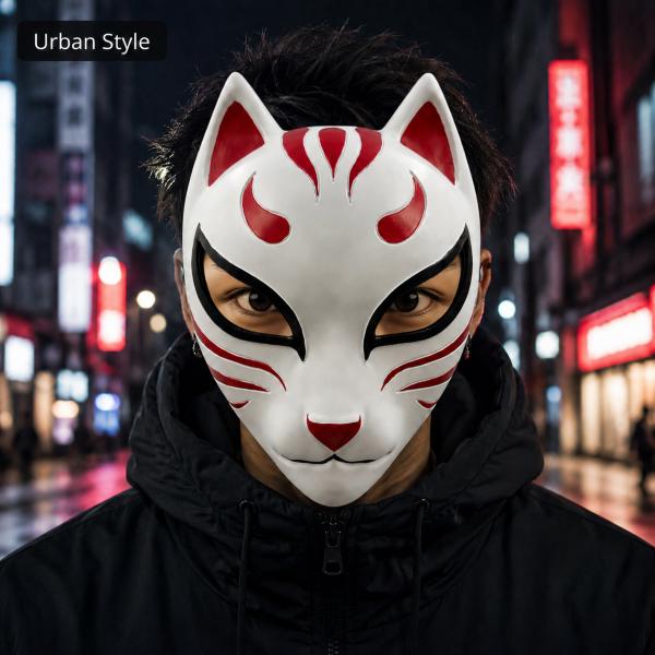 Premium Resin Kitsune Fox Mask - Authentic Japanese Anime Cosplay Half Face Mask for Men & Women. Traditional Kabuki Costume Accessory with Foam Padding & Adjustable Buckle Strap for Halloween Party