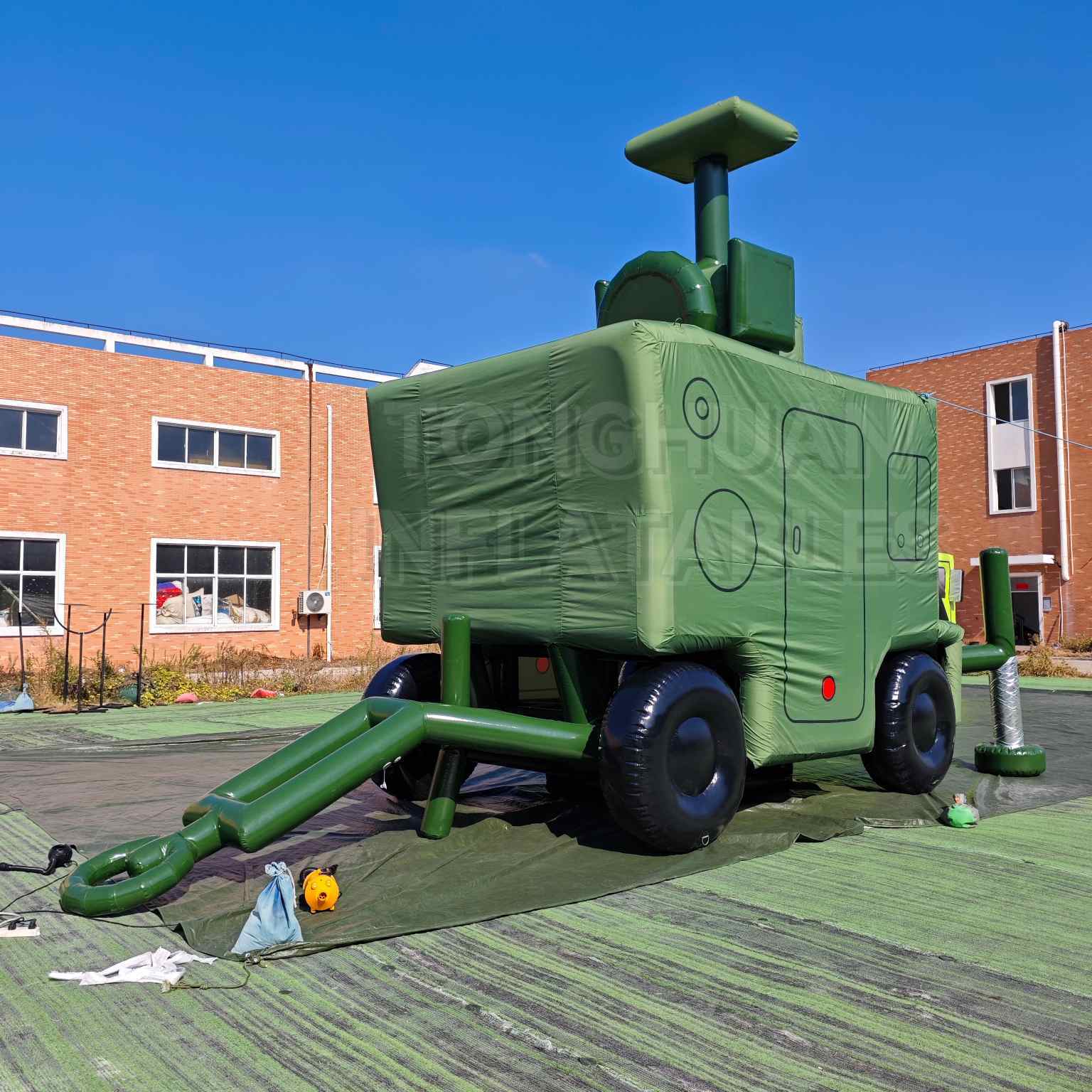 Custom Inflatable Radar Trailer Replica with Raised Antenna Mast Box Body Wheels and Tow Bar for Training Display Exhibition and Outdoor Simulation Projects