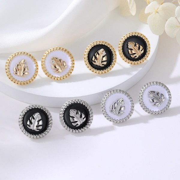 Fashion Gold Plated Round Earring Studs Enamel Leaves Zircon Fried Dough Twists Edge Women's Earrings