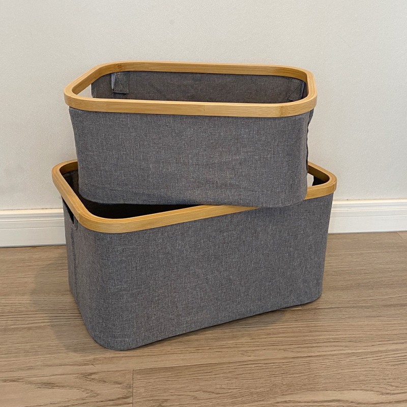 Custom Large Capacity Rectangle Bamboo Storage Basket Oxford Cloth Toy Organizer Box for Bathroom Wardrobe Dirty Clothes Storage