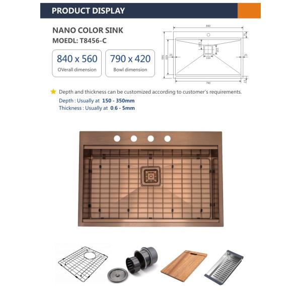 84x56 Coloured Stainless Steel Sink Copper Brushed Topmount 33 Inch 1 Bowl Kitchen Sink