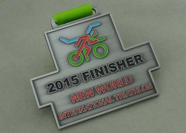 Antique Silver Zinc Alloy Triathlon Medal Soft Hard 3.0 Inch Size