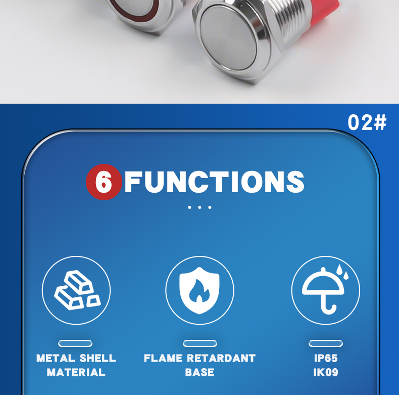 10A 16MM Stainless Steel Push Button Switch with LED Power Indicator Latching Momentary 1NO 4pin Flat/High Head IP65 for 220V
