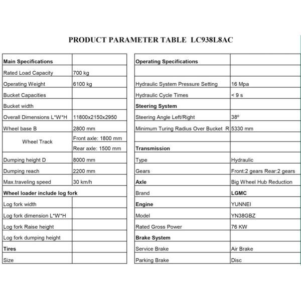 LC938L8AC Front Wheel Loader with YUNNEI YN38GBZ engine 76KW
