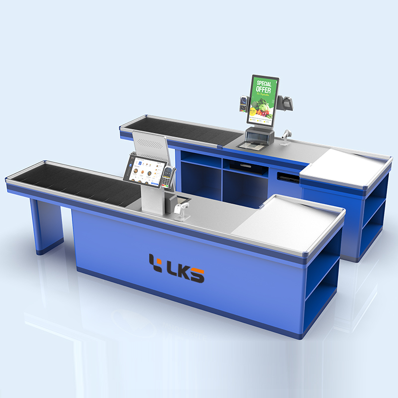LKS All In One Smart Supermarket Checkout Counter Kiosk With Conveyor Belt