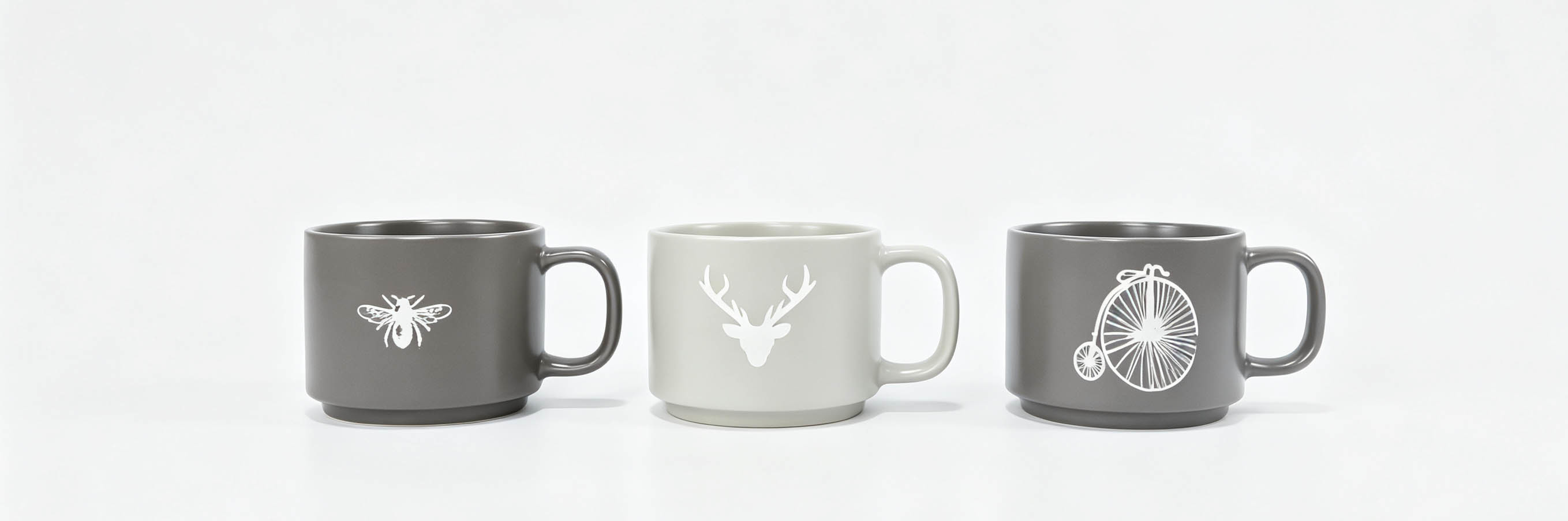 Minimalist Silhouette Ceramic Coffee Mugs Set of 3, Matte Neutral Gray Off White Decor Tea Cups with Bee Deer Vintage Bike Pattern for Home Gift