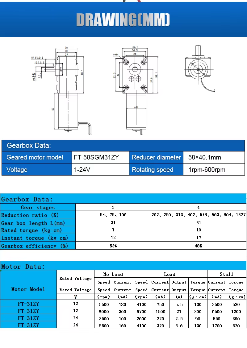 Full Metal High Torque 12v 24v Worm Gear Motor with Self-Locking Function FT-58SGM31ZY  Application for Automatic Trash Can