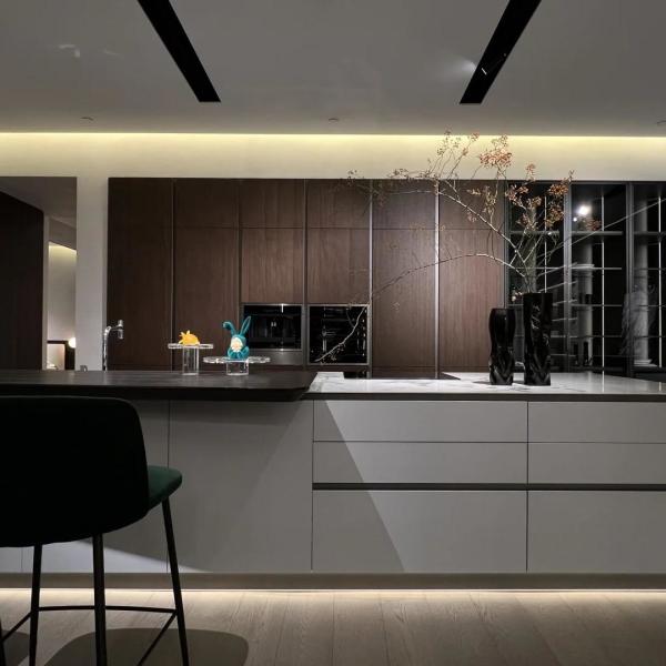 Apartamento de estilo antiguo Cuadro de puerta de panel de línea cocina con gabinete de vidrio de vino gabinete de cocina de chapa de madera