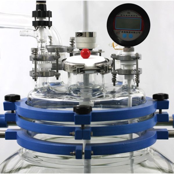 Automatic 100L Jacketed Glass Reactor Vessel with 304 Stainless Steel Frame and 6 Neck on Reactor Cover