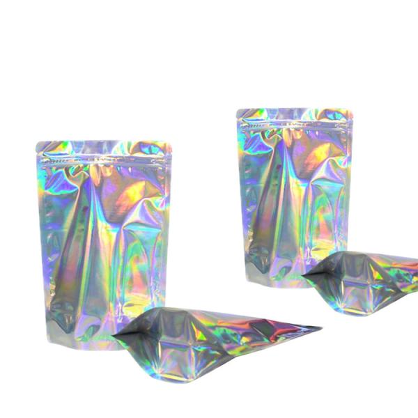 Impressão personalizada Holográfica Stand Up Pouch Mylar Zipper Bags One Side Clear para alimentos