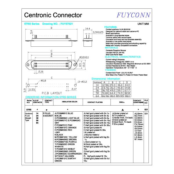 Мужской Centronics соединитель FUY57021 ПОГРУЖЕНИЯ PCB 50 контактных разъемов прямой