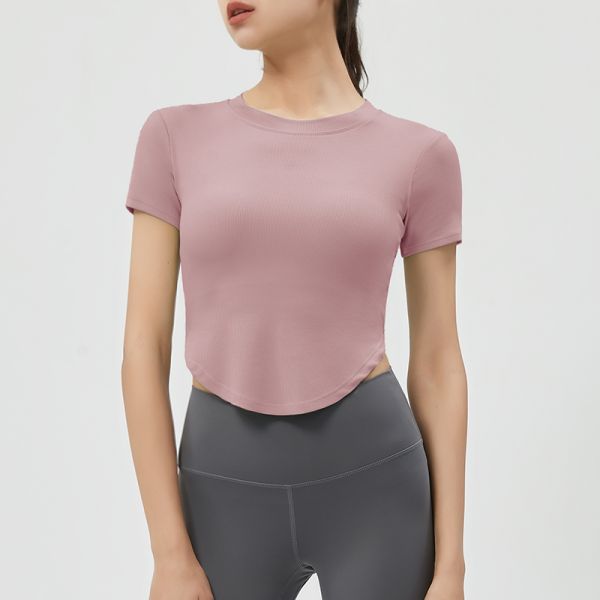 Ribbed Short Sleeve Women Activewear Tops Cropped Slim Fit Royal Blue