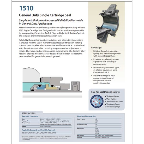 Chesterton 1510 1510L General Duty Single Cartridge Mechanical Seal
