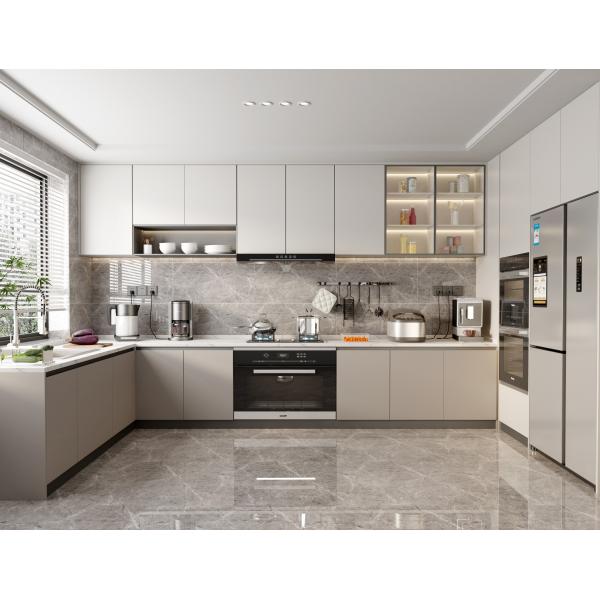 Modern Style Straight Line Kitchen Cabinets With Island In White Particle Board