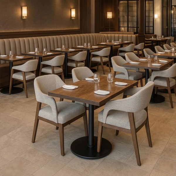 Commercial Luxury Upholstered Restaurant Table and Chair Set with Curved Armrest and Solid Wood Frame for Coffee Shop Furniture