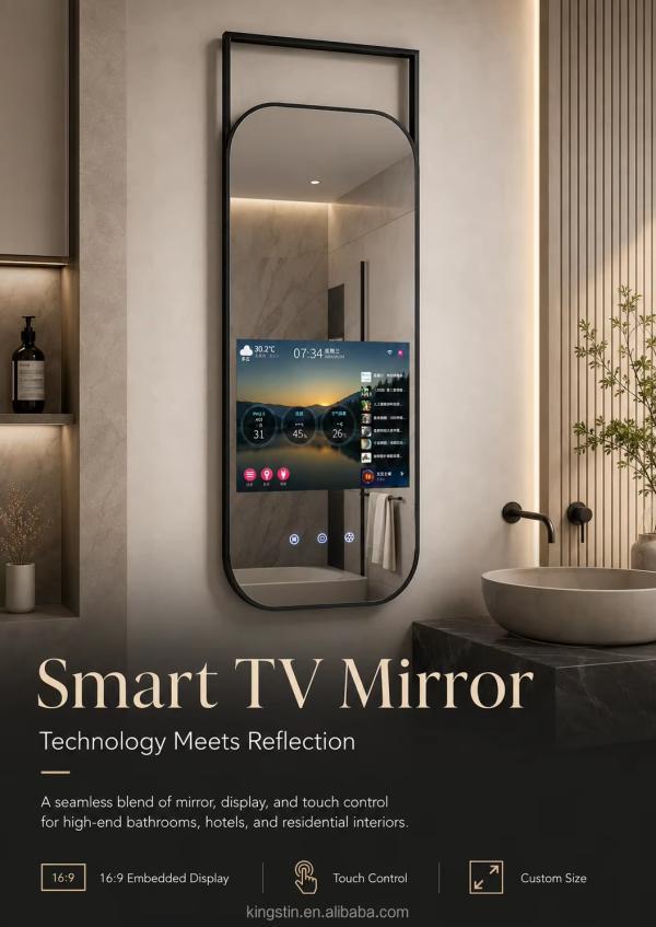 Kingstin Architectural Stainless Steel Smart TV Bathroom Mirror for Hotels, Custom Frame Color
