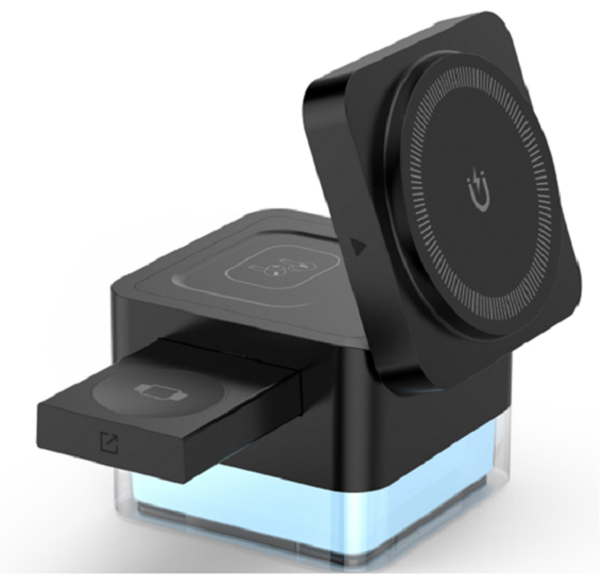 3-in-1 Wireless Charger, Cube Design for iPhone, Watch & Earbuds, RGB Ambient Light