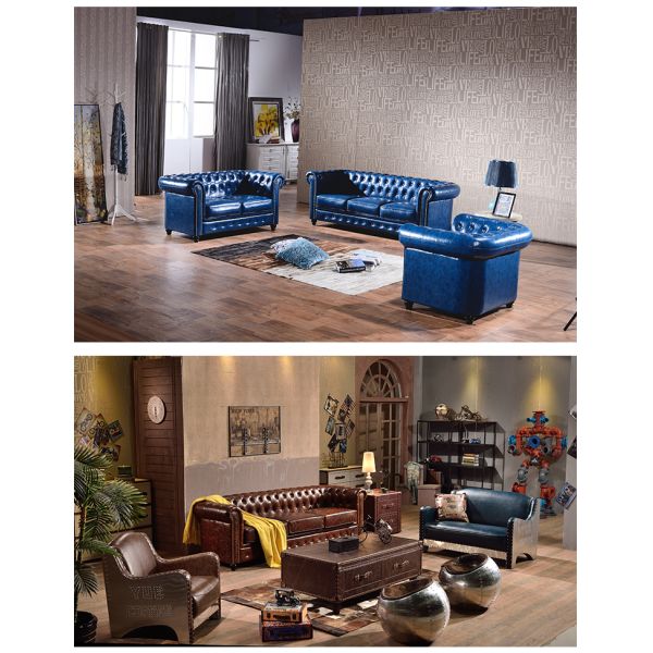 Nidea #8907 High Quality American Retro Chocolate Brown Chesterfield Leather Modern Sectional Couch 3 Seater Living Room Sofa Set Furniture