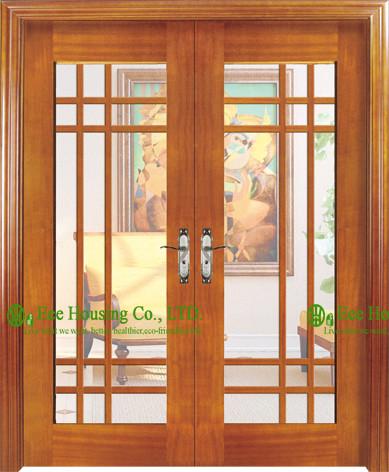 Double Leaf Timber Veneer Wooden Door With Glass For Living Room/ Main Entrance Glass Door