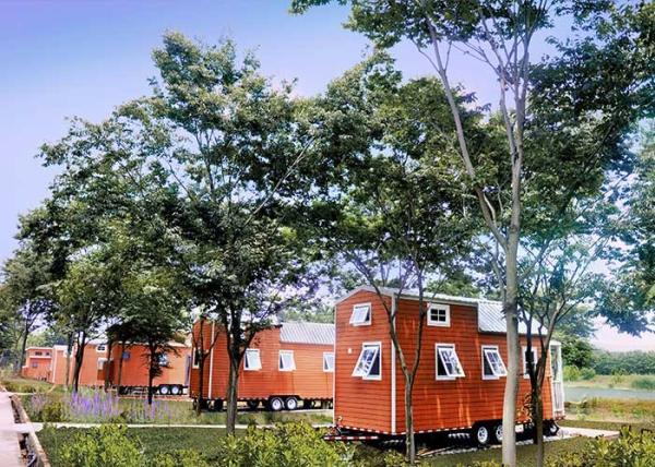 Mini Lightweight Prefabricated Tiny House Hotel Unit Orange Black Mobile House on Wheels para viagens