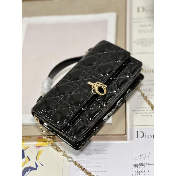Branded Lady Dior Patent Clutch Small Pearl Black Flip Closure
