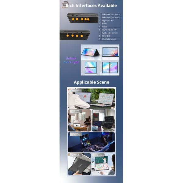 60Hz IPS Monitor portátil de tela dupla tripla para laptop 178 graus