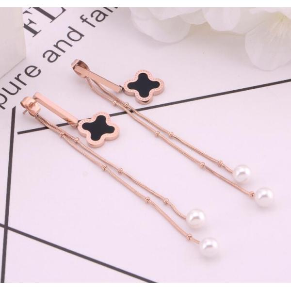 Pearl Pendant Tassel Stainless Steel Earrings, Jewellery Fashion Four Leaf Clover Stud Black Heart Drop Earrings