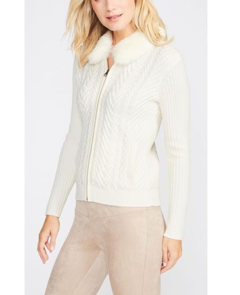 Winter Wool Cardigan Sweater , Detachable Fur Collar White Cardigan Sweater