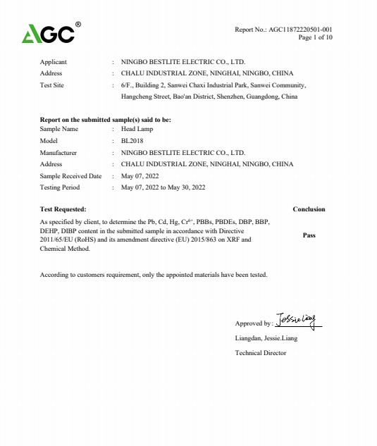 Ningbo Bestlite Electric Co., Ltd Сертификации