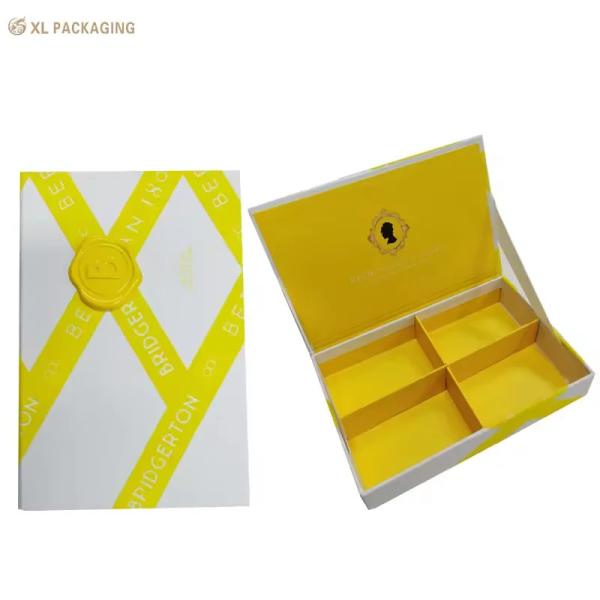 Custom Magnetic Book Soap Gift Box With Resin Wax Seal, Double Ribbon Pull 4 Compartments Divider Custom Bath Soap Packaging Box