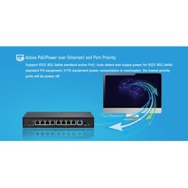 Black 8 Port Gigabit 48V Power Over Ethernet Switch / 1 Uplink / 1 SFP