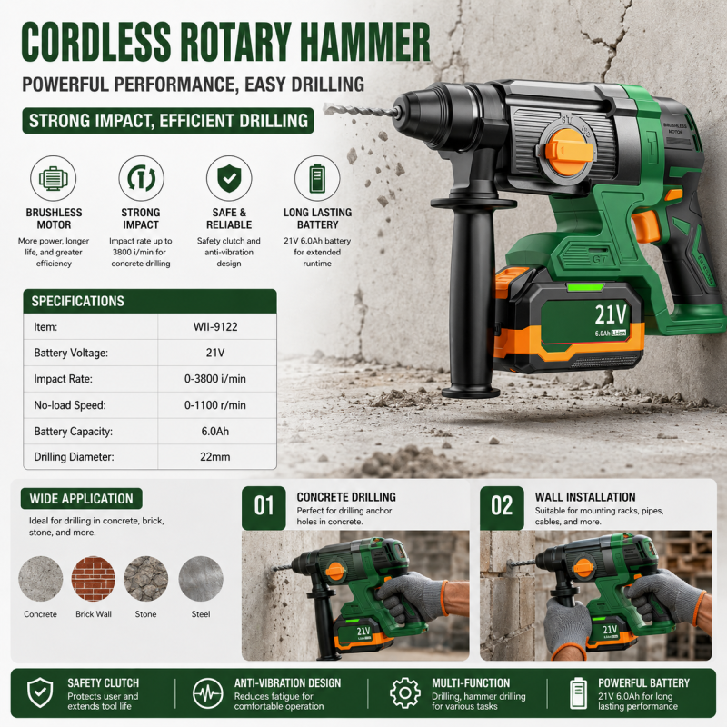 Brushless Industrial Grade Cordless Rotary Hammer 21V 6.0Ah Lithium Ion 3800IPM Impact Rate Hammer Drill for Concrete Brick