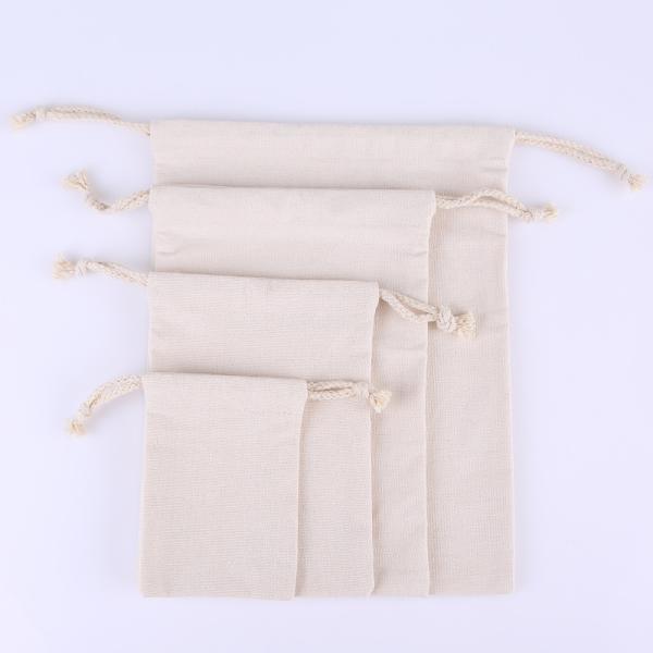 Medium Black Muslin Calico Canvas Cotton Drawstring Pouch Bags with Customized Logo
