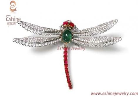 Export vivid dragonfly animal brass brooch with clear CZ & garnet CZ brooch white rhodium