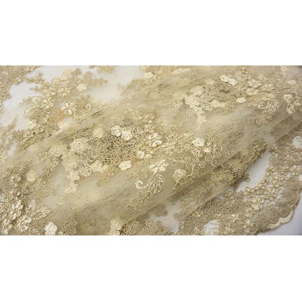 Golden Corded Floral Embroidered Tulle Fabric Scalloped Edge For Wedding Dresses