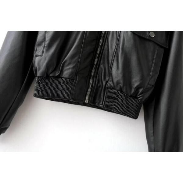 Ladies PU Leather Down Jacket , Zipper Short Warm Black Leather Bomber Jacket