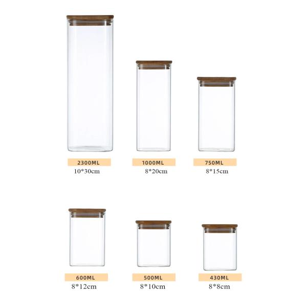 Modern Design Food Storage Container with Bamboo Wood Lid 300ml 500ml Spice Glass Jar