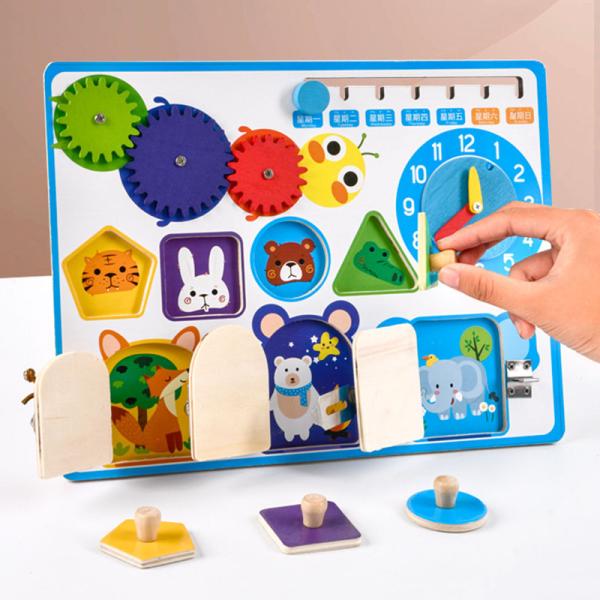Montessori Wooden Calendar Clock Unlocking Board For Boys Girls